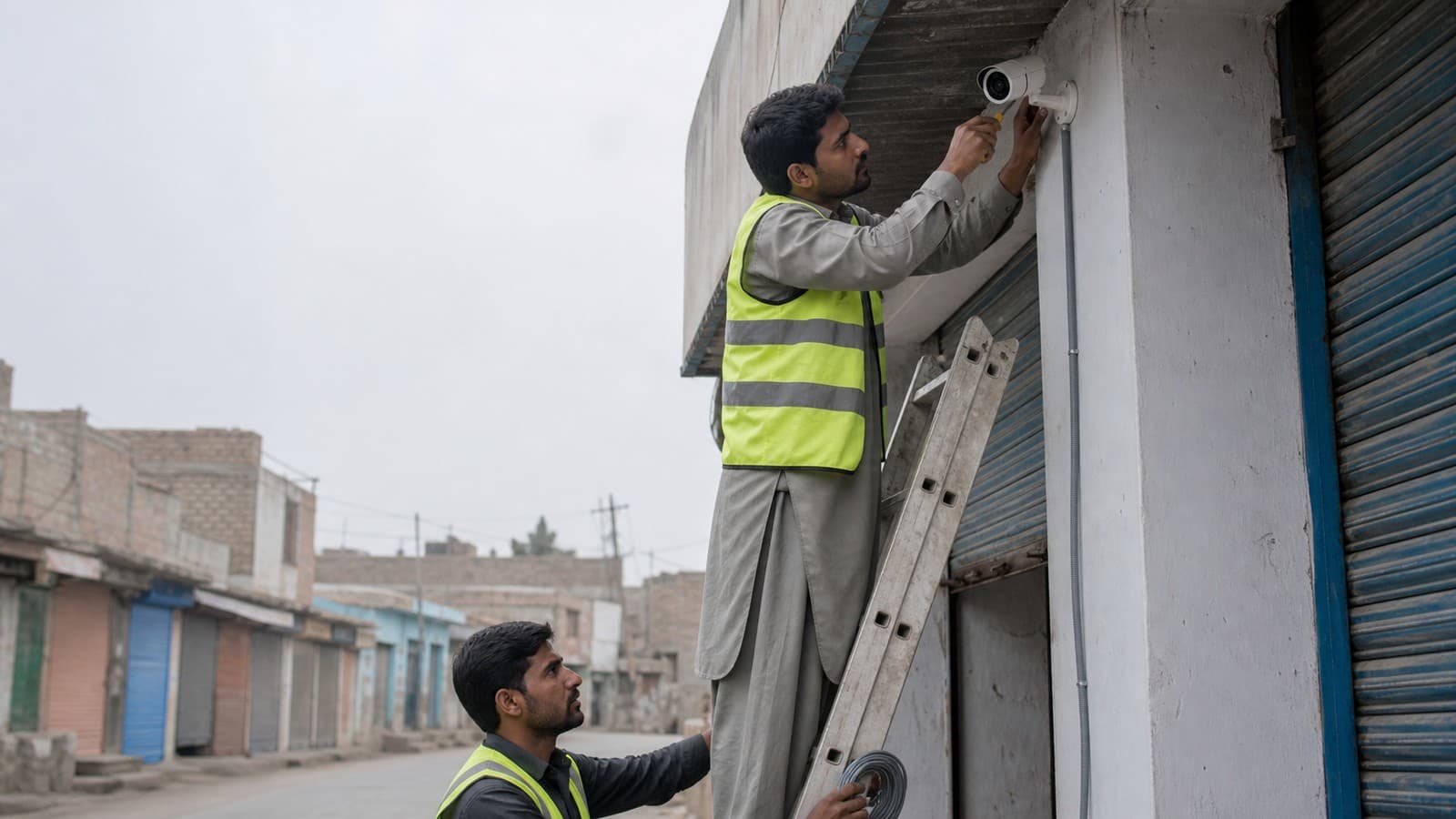 Two technicians in hi-vis vests fitting a bullet CCTV camera above a shuttered shopfront, the cable run down the pillar inside conduit