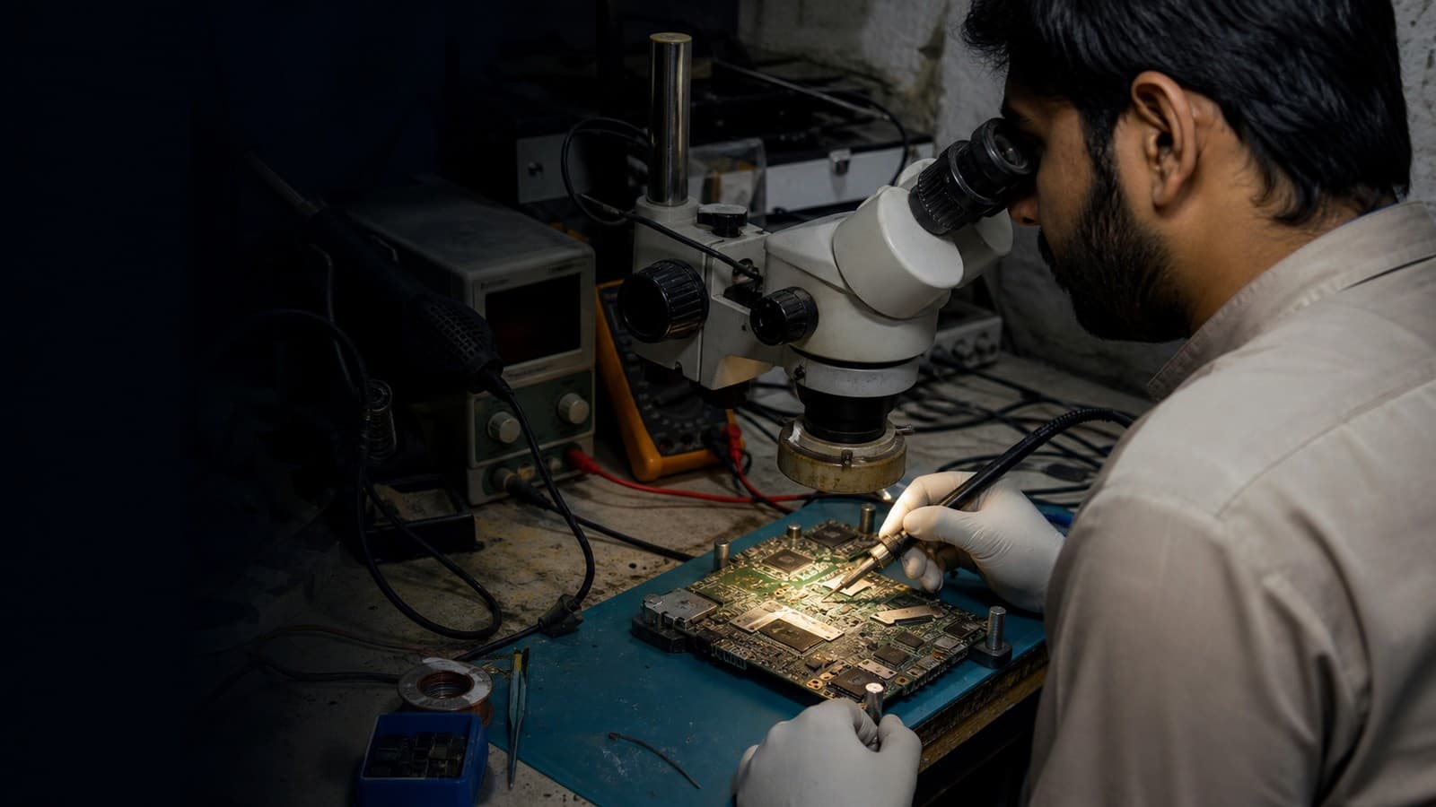 Technician examining a laptop motherboard through a stereo microscope, soldering iron in hand and a bench power supply alongside