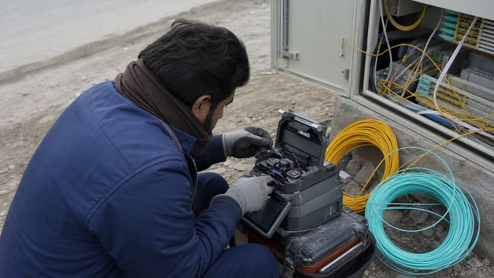 Technician working a fusion splicer beside an open street-side fiber cabinet, coils of yellow and green fiber laid out next to him