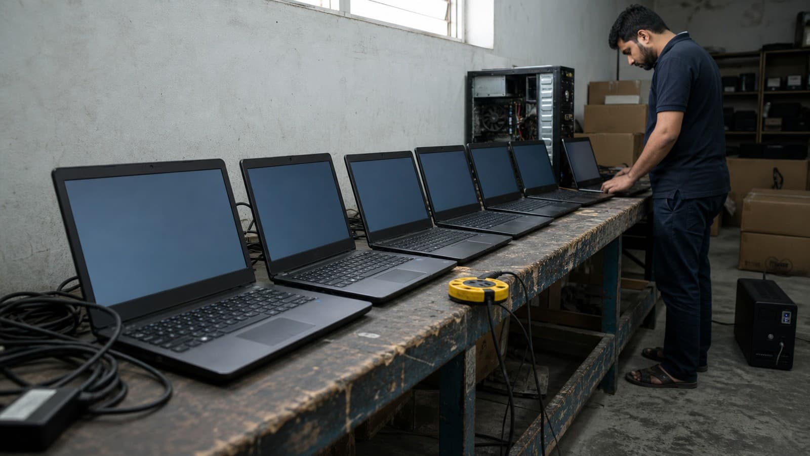 A row of laptops open on a workshop bench being configured before delivery, a technician working at the far end