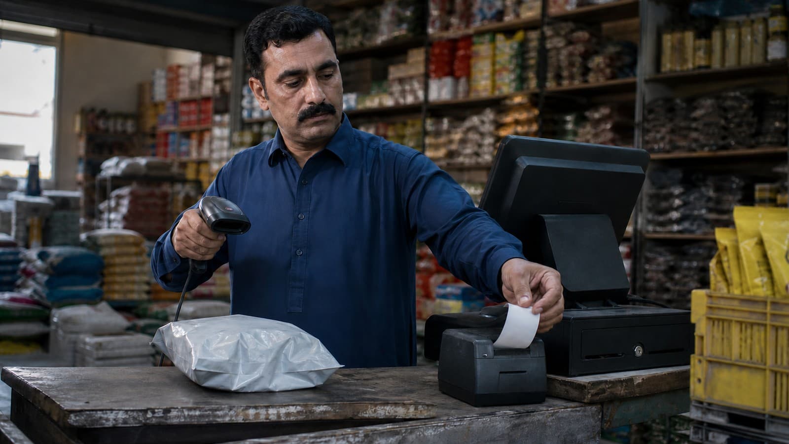 Shopkeeper scanning a packet with a barcode reader at a POS counter while the thermal printer runs off the receipt, stocked shelves behind him
