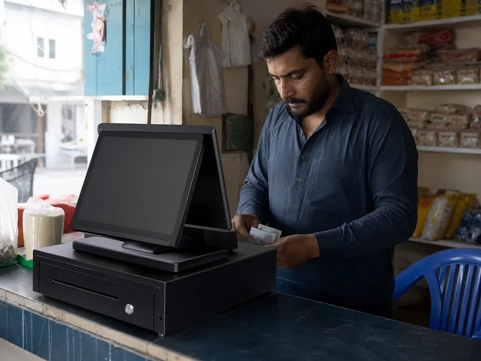 Point-of-sale terminal and cash drawer set up on a shop counter