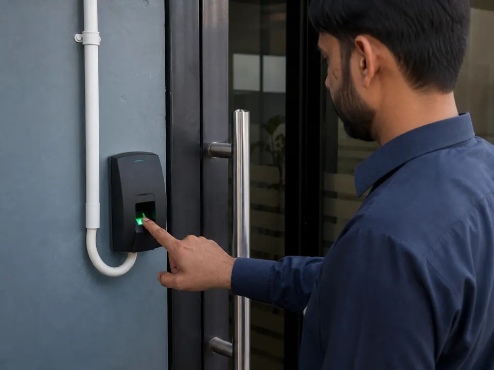 Finger presented to a wall-mounted biometric reader beside an office door