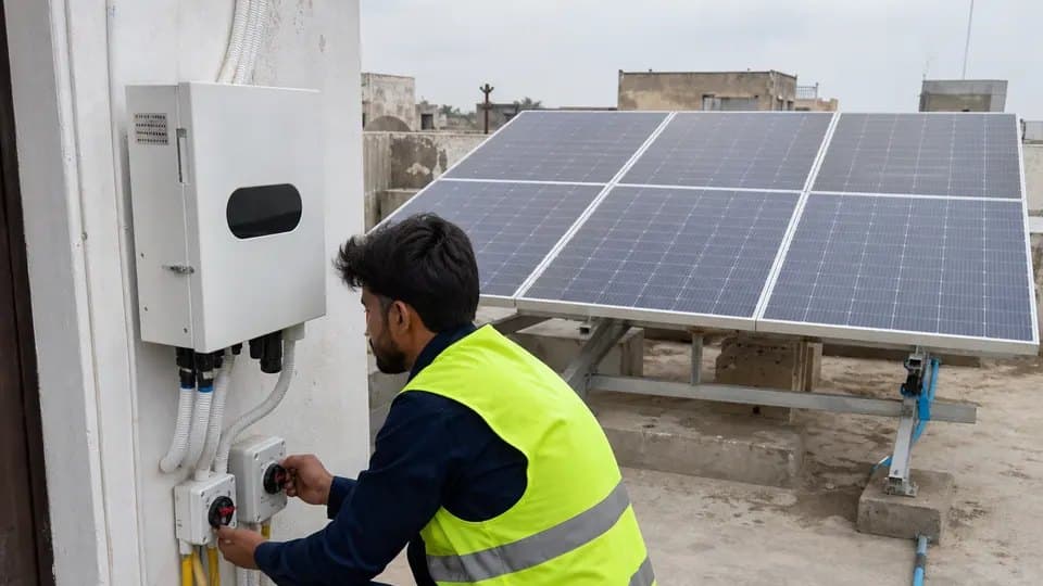 Technician wiring the DC isolators beneath a wall-mounted solar inverter, the roof-mounted panel array behind him